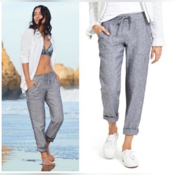 Athleta "Bali" Linen elastic Drawstring Chambray blue pants size 4 elastic waist - Picture 2 of 14